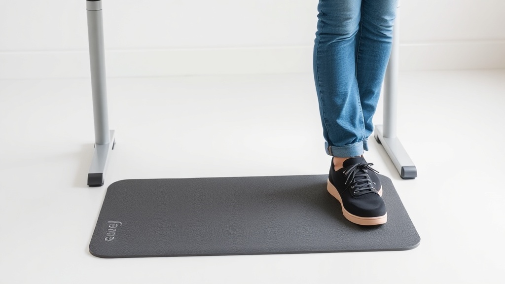 스탠딩 책상 아래에 놓인 피로 방지 매트와 편안한 신발의 모습