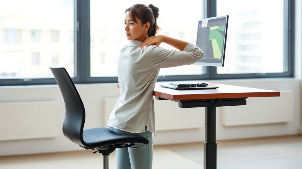 올바른 자세로 책상에 앉아 팔꿈치 각도를 90도로 유지하며 작업하는 사용자의 측면 모습