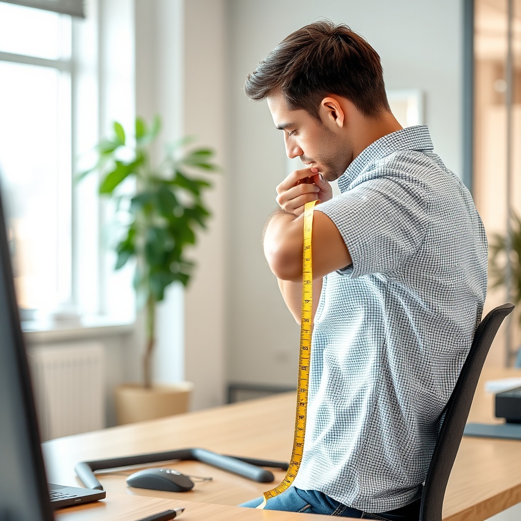 줄자를 이용하여 사용자의 앉은키와 팔꿈치 높이를 측정하고 있는 모습