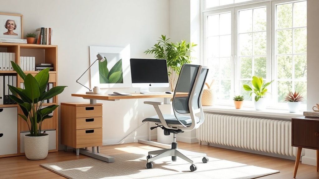 밝은 창가에 배치된 인체공학적 책상과 의자가 있는 쾌적한 작업실 풍경