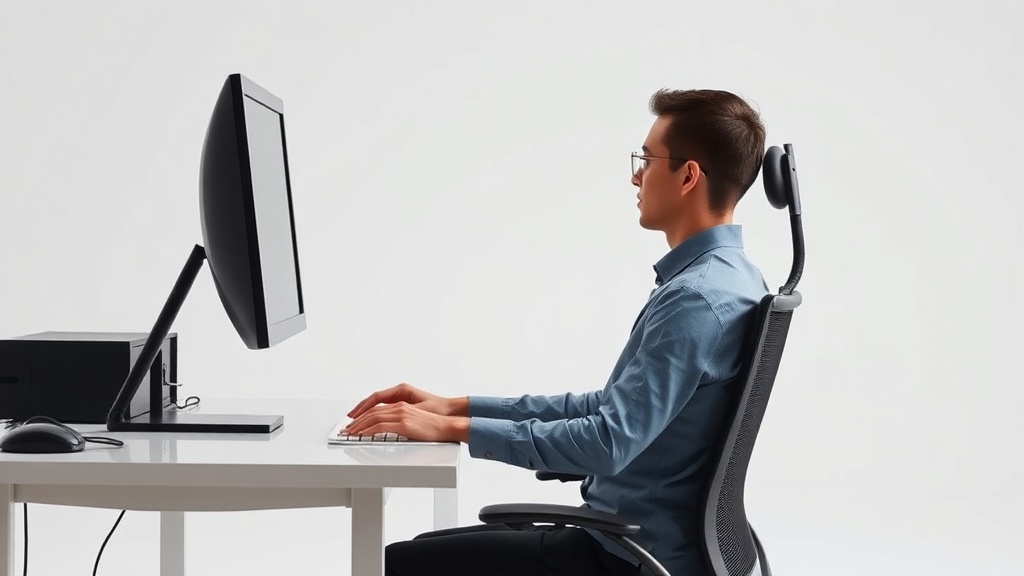 올바른 자세로 앉아 모니터 눈높이를 맞춘 사용자의 옆모습 이미지