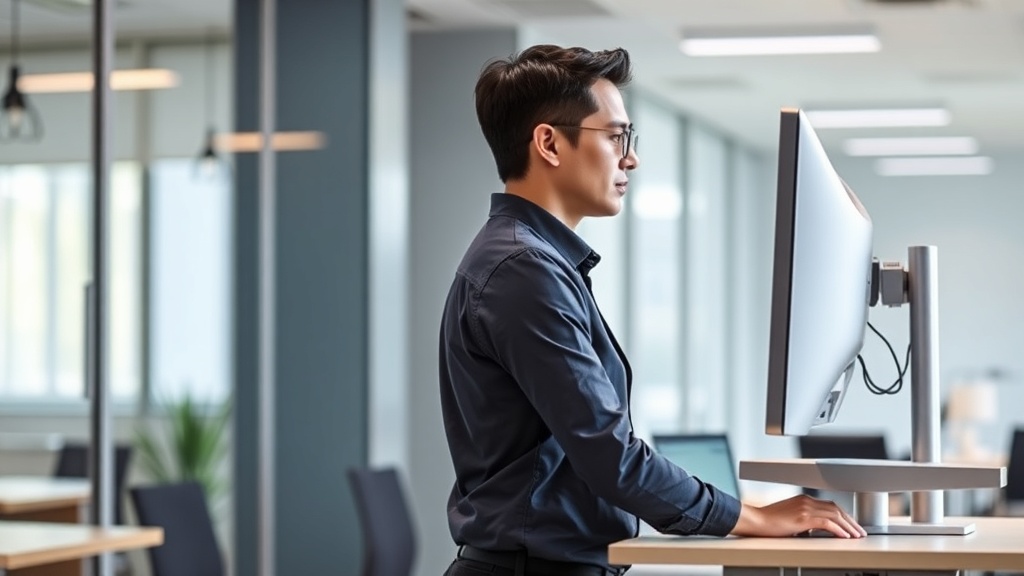 올바른 자세로 스탠딩 책상을 사용하여 모니터를 응시하며 업무에 집중하고 있는 직장인의 모습